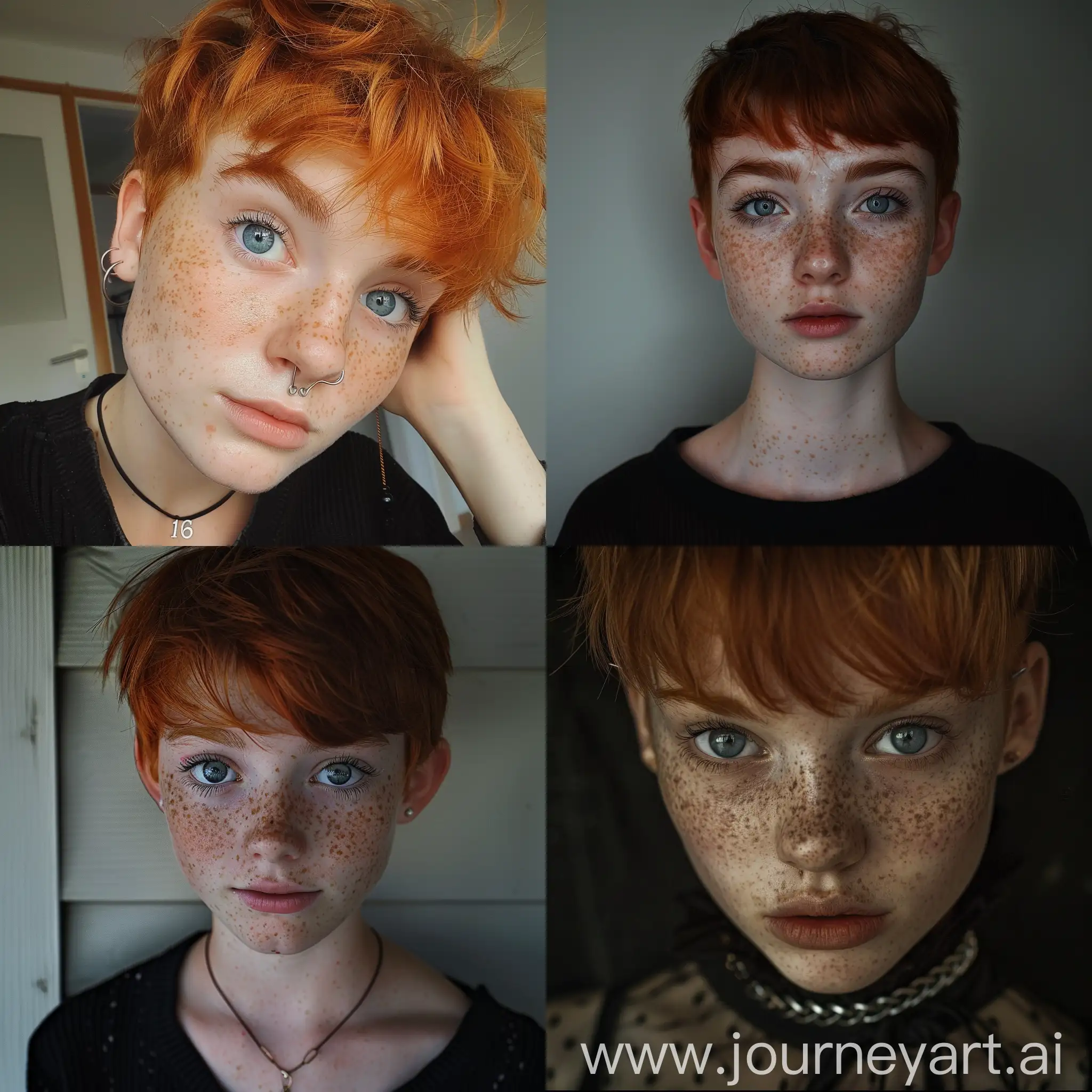 16 year old girl, goth, pixie cut, red hair, freckles, icy blue eyes