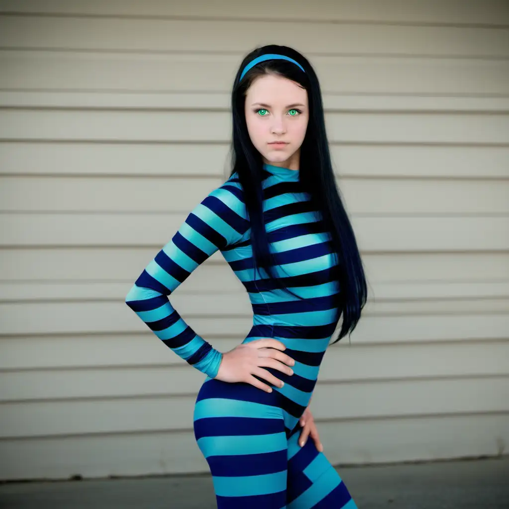Elegant Girl with Long Black Hair in Pacific Blue Striped Costume