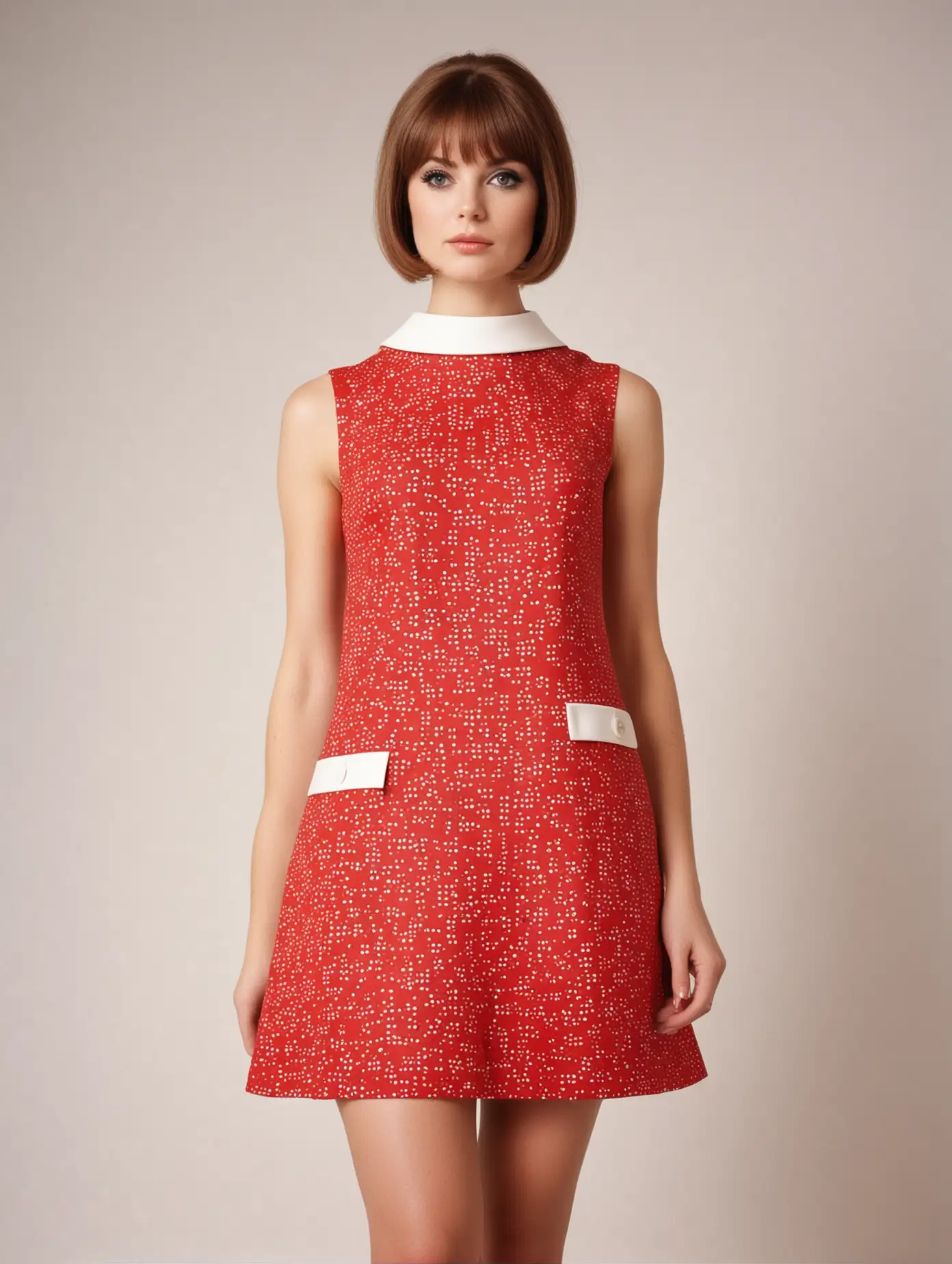 A British mod 1960s beauty icon, top model, wearing a A-line ultra mini dress,  red, portrait, white background 