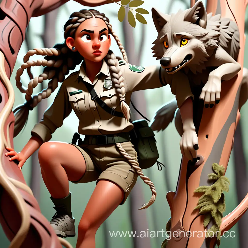 Indigenous-Park-Ranger-Girl-Climbing-Tree-with-Wolf