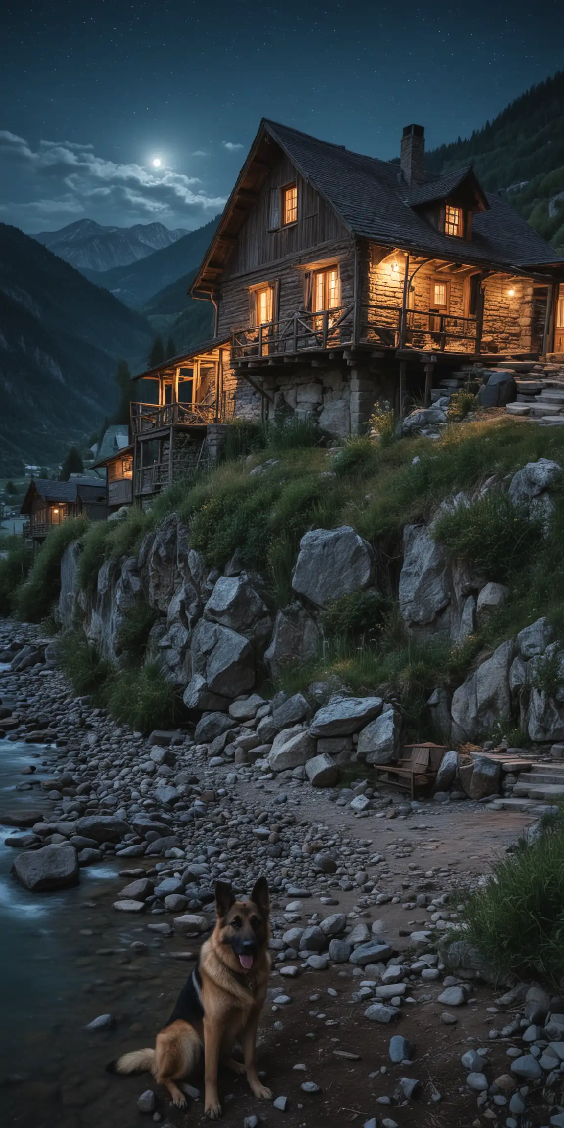 Rustic old house, near river, mountains, blue night, german shepherd