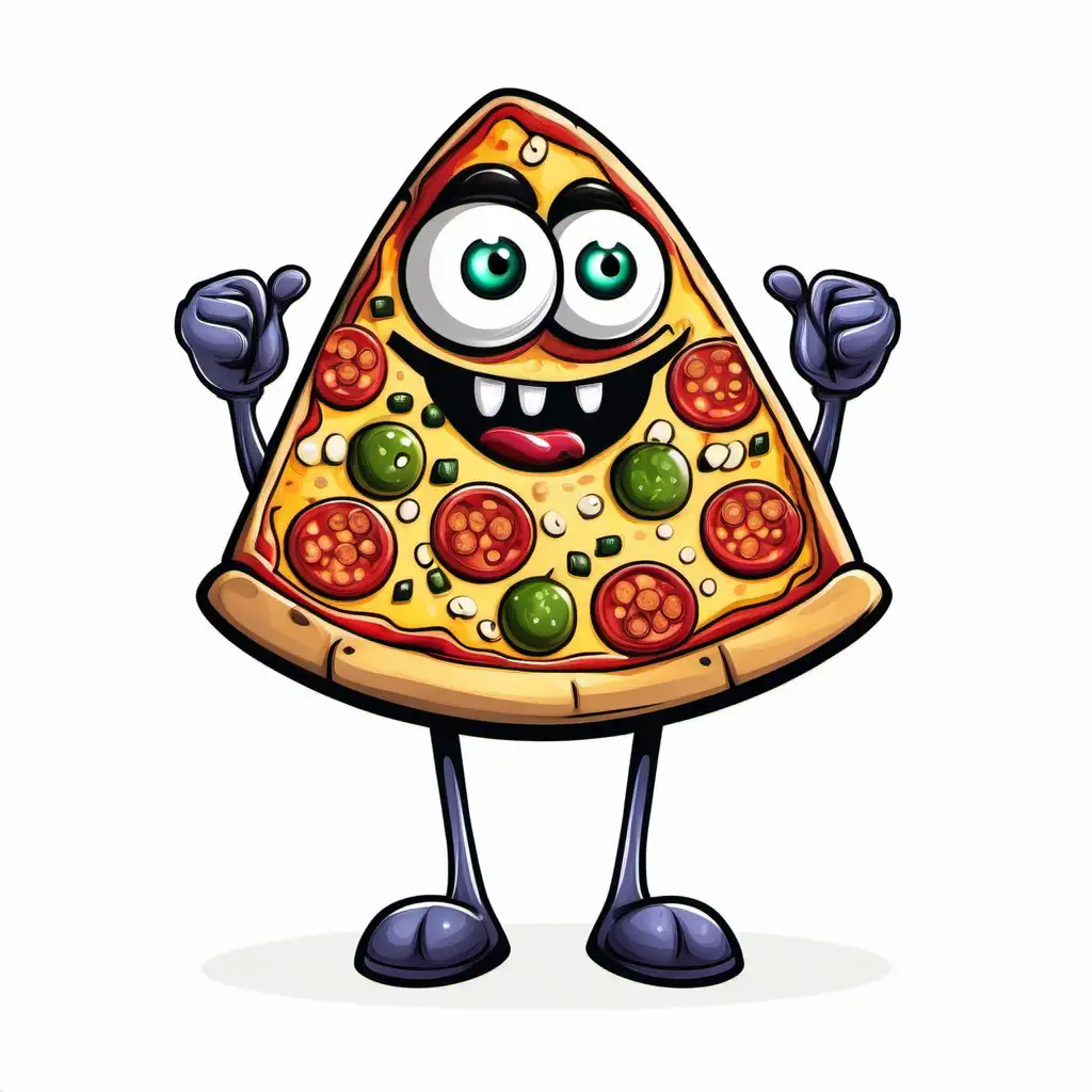 маскот пиццерии,мультик,на белом фоне, монстр пицца, с добрыми глазами, широкой улыбкой, мало деталей
