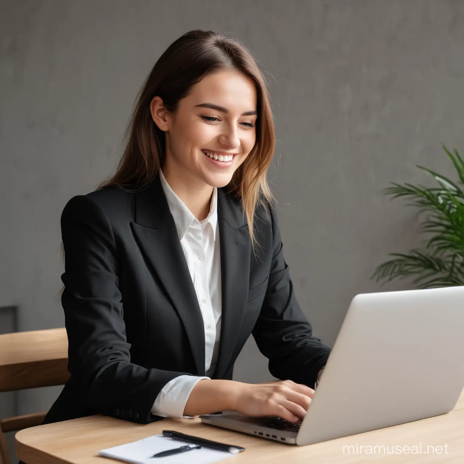 Happy young woman wear black suit uses her laptop at the end of working day 
