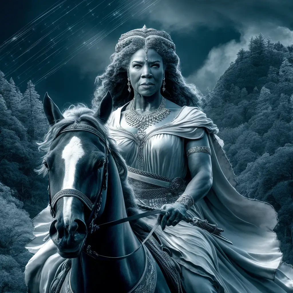 A close up of a mature wealthy goddess on horseback, she is oozing of wiz, spirits and sobriety but above all goodness and will to make good, raw, epic, in the background is a beautiful wood , sky is dark blue with stars, dynamic, cinematic style 