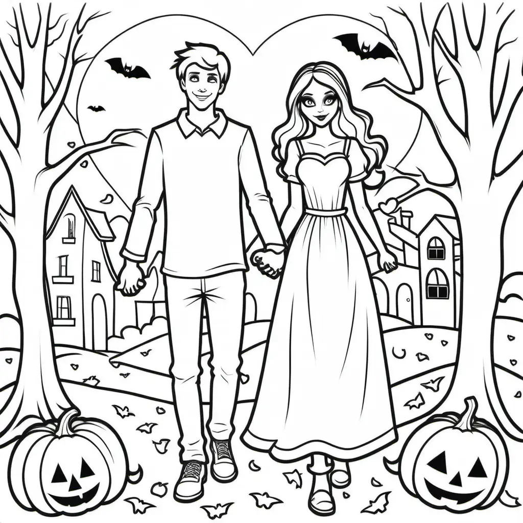 a simple black and white coloring book image of one young women and one young men in love and holding hands at halloween, for coloring