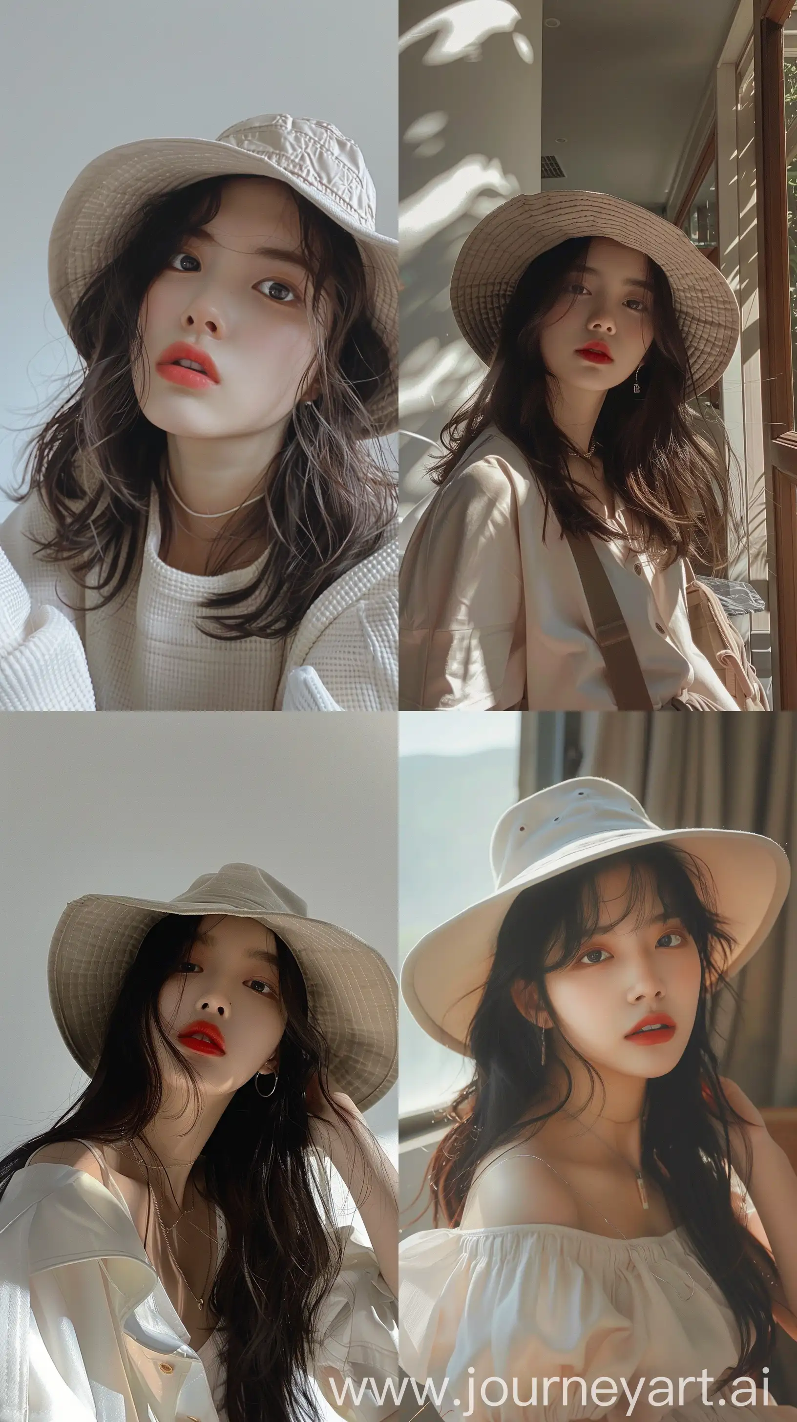 aestethic  casual selfie, wonyoung, wearing cute simple clothes, hotly, wearing aestethic hat --ar 9:16