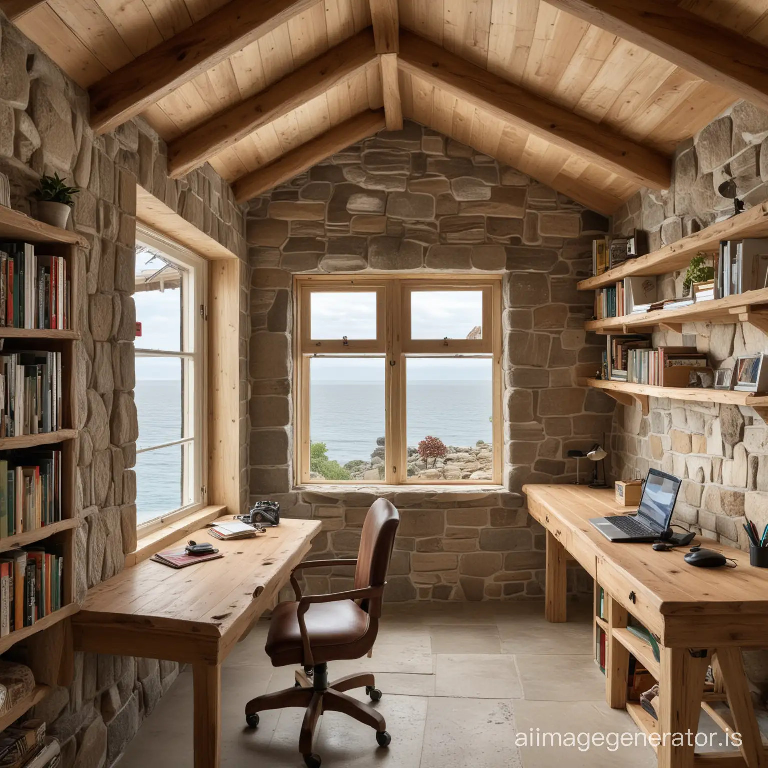 Rustic 160 square foot office in a stone sea cottage with only one small window along the south wall looking out towards the sea, high slanted wood ceiling with fan, bookshelves along the north wall