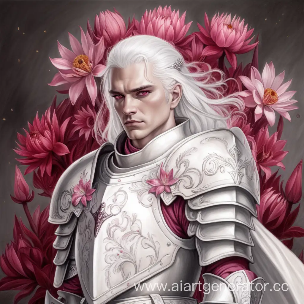 Majestic-Lord-in-Fiery-Armor-WhiteHaired-Figure-Adorned-with-Crimson-Clothing-and-Fiery-Flower