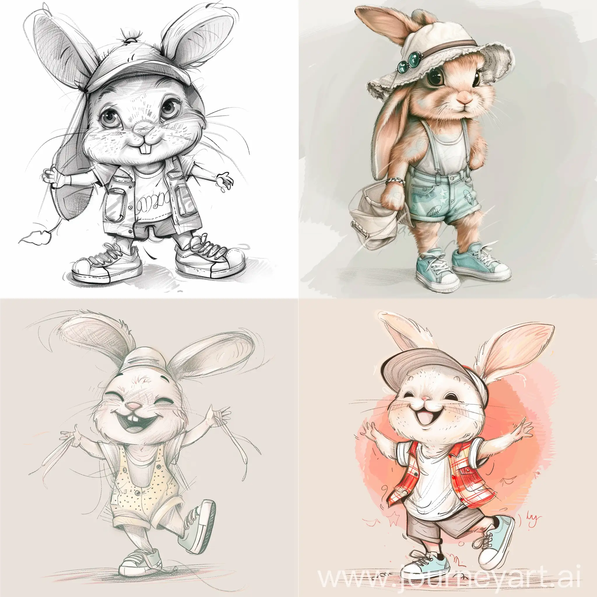 cute happy bunny in summer outfit and sneakers, sketch style, HD