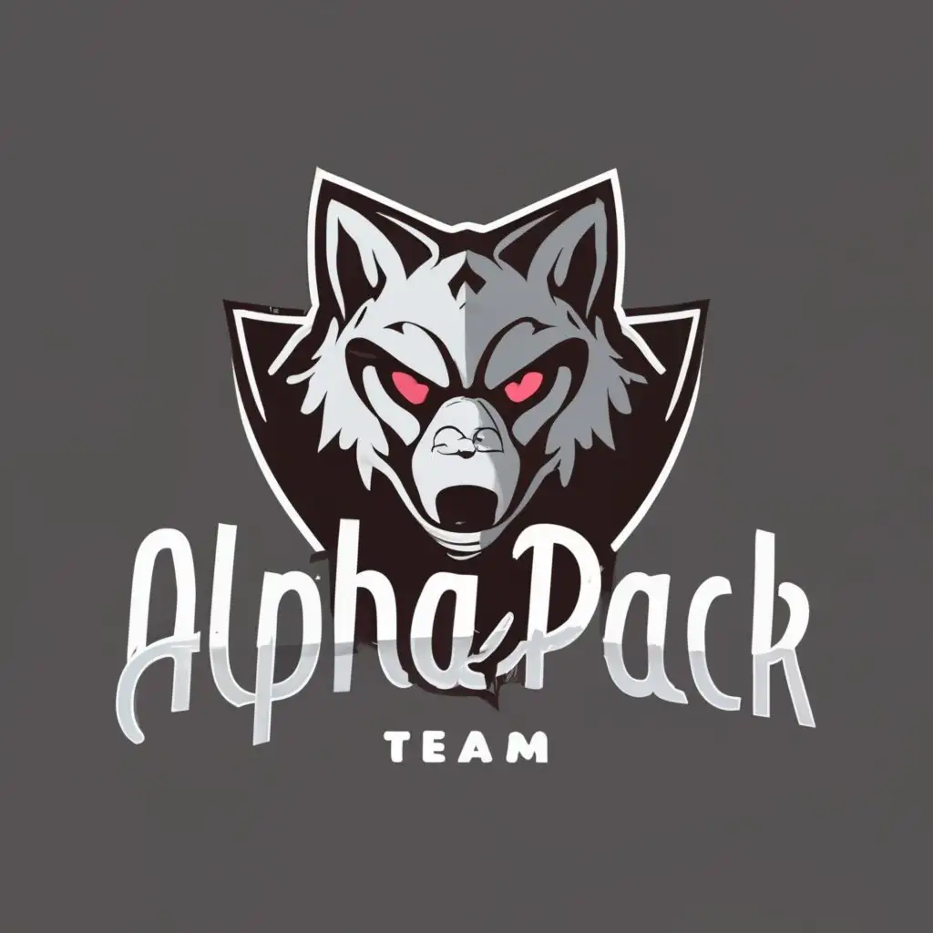 logo for a gaming team, wolf pack, with the text "alpha pack", typography, dark background