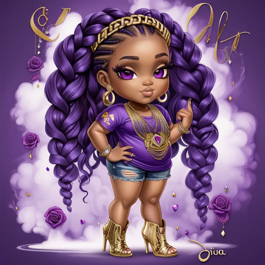 Envision a hyper-realistic chibi-style portrayal
featuring a strikingly beautiful caramel-
skinned, curvy African American girl. This
detailed depiction showcases her entire
body with impeccable makeup, long lashes,
and eye-catching long black and purple braids
adorned with bling jewelry. Dressed in a
Gold shirt elegantly bearing the word 'Diva'
in accurately spelled Purple letters, she pairs it with gold ripped jeans and stylish purple and diamond gold stiletto heels. The vibrant background is
adorned with colorful roses, set against
a captivating backdrop of swirling smoke in
shades of purple, gold, and white.