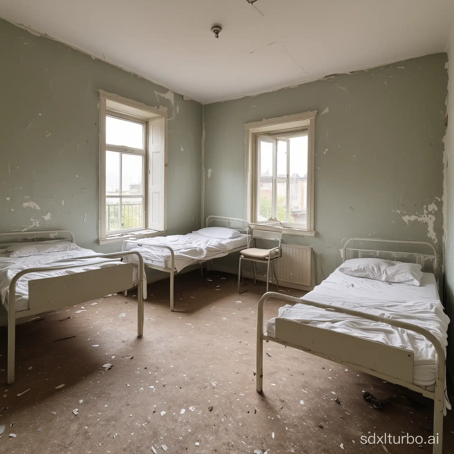 Reality: Four-person room, basic facilities, with simple beds, a shared desk, walls with some peeling paint