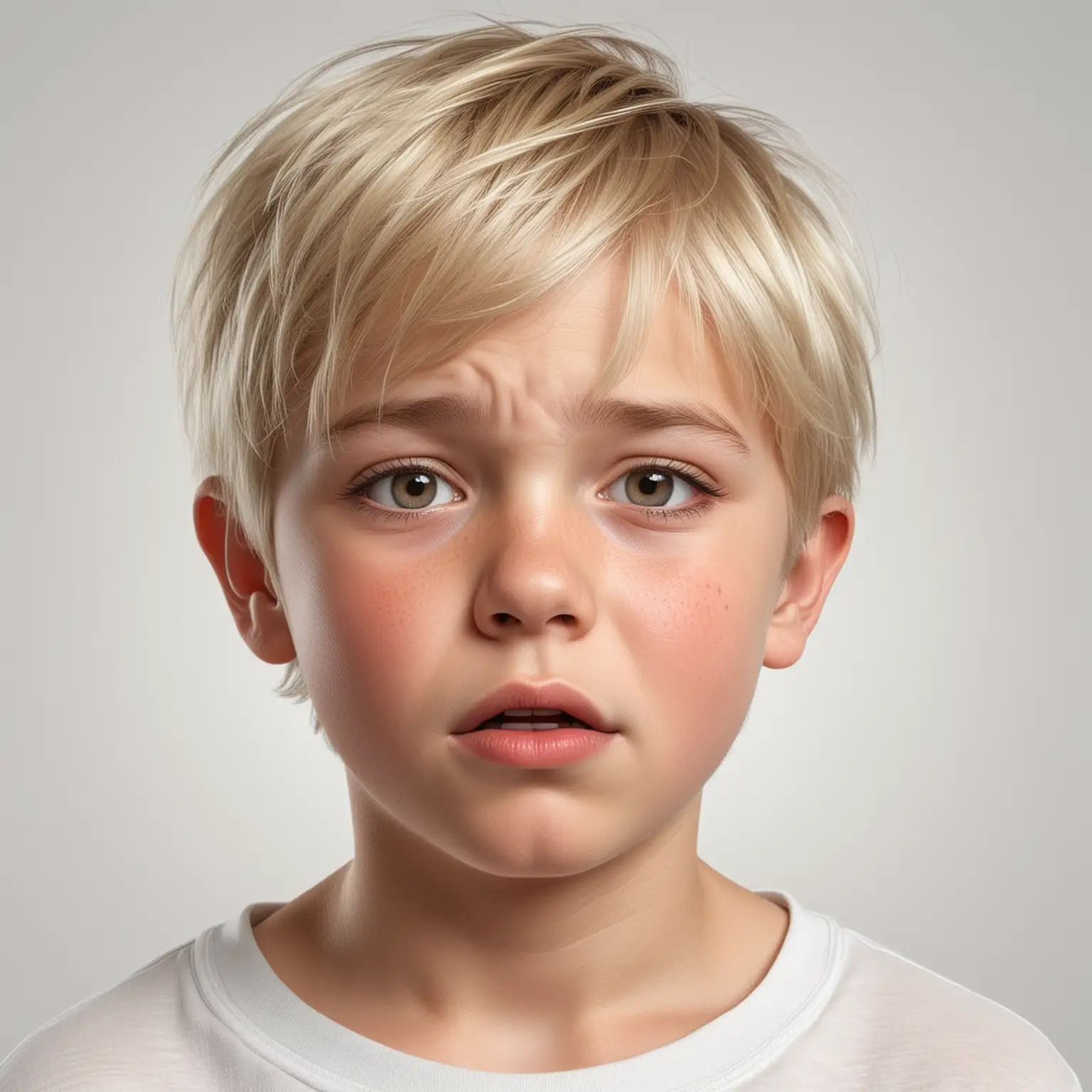 Embarrassed Blond Boy with Red Cheeks and Uncertain Expression on White Background
