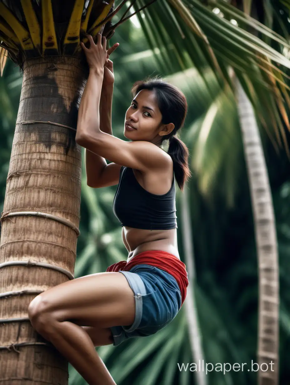 28 years old woman, climbing at middle of coconut tree, village, medium size body, close up side angle shot