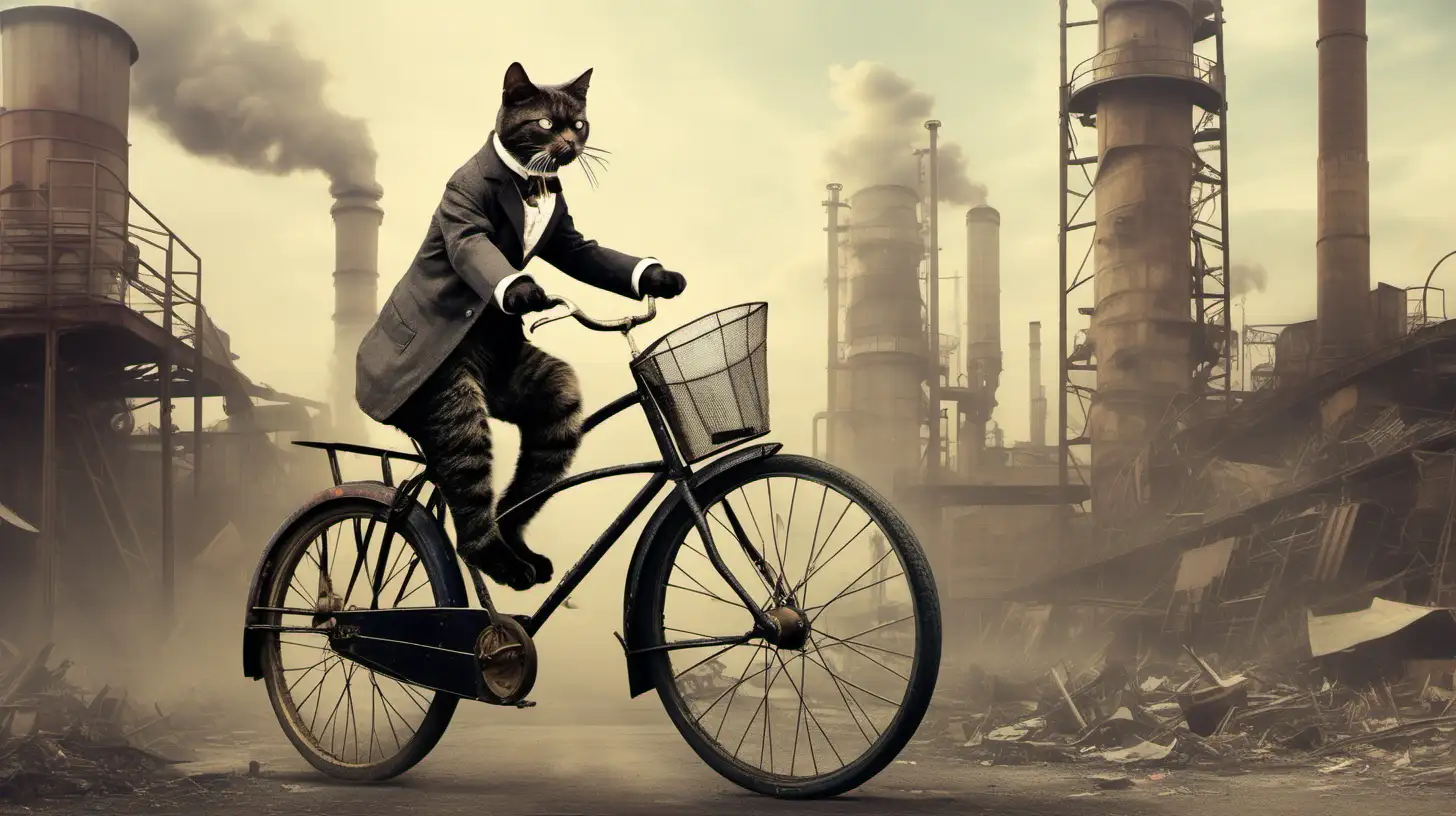 a cat riding a vintage bicycle through an industrial wasteland
