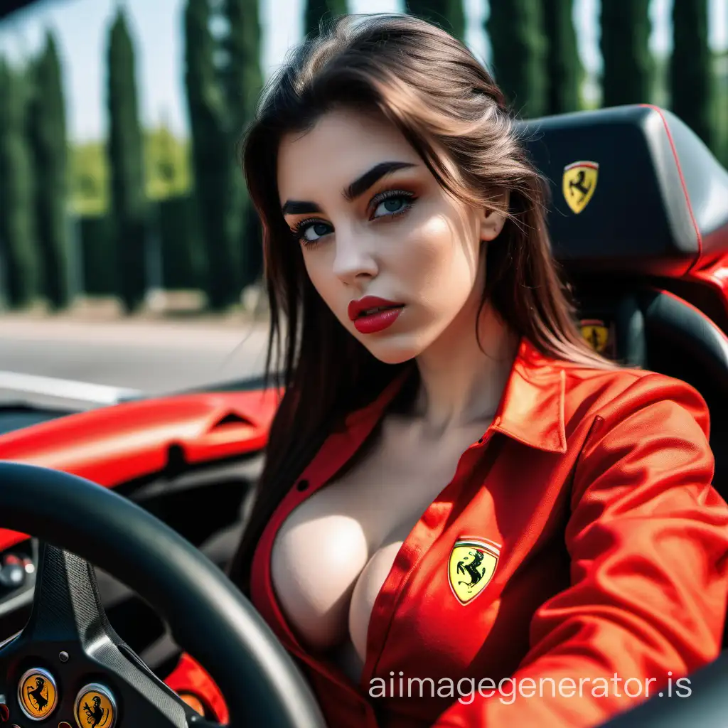 European-looking girl, 8K resolution picture, non-cartoonish appearance, real person, Instagram, model, behind the wheel of a Ferrari, Straight eyes, pouty lips, large chest