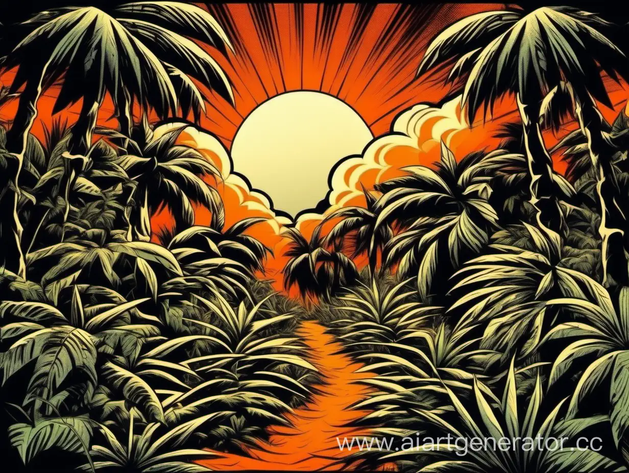 мультяшный тропический лес в ретро стилистике контрастная картинка тропинка уходящая в чащу оранжевое палящее черное солнце за облаком комикс