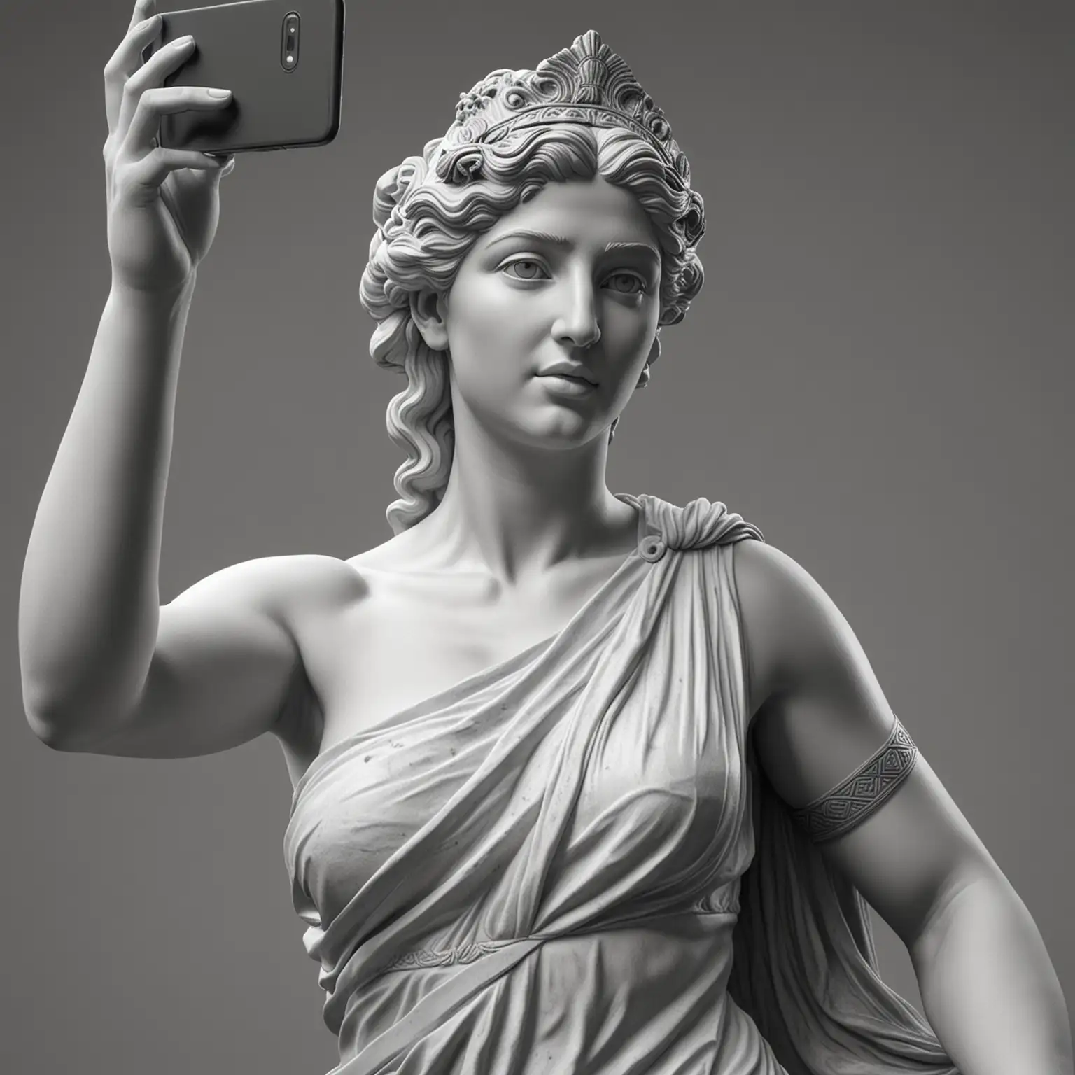 photorealistic black and white greek goddess statue taking selfie
