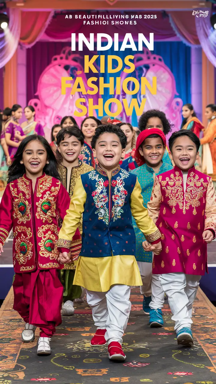 Vibrant Indian Kids Fashion Show Poster Featuring Traditional Attire and Cultural Elegance