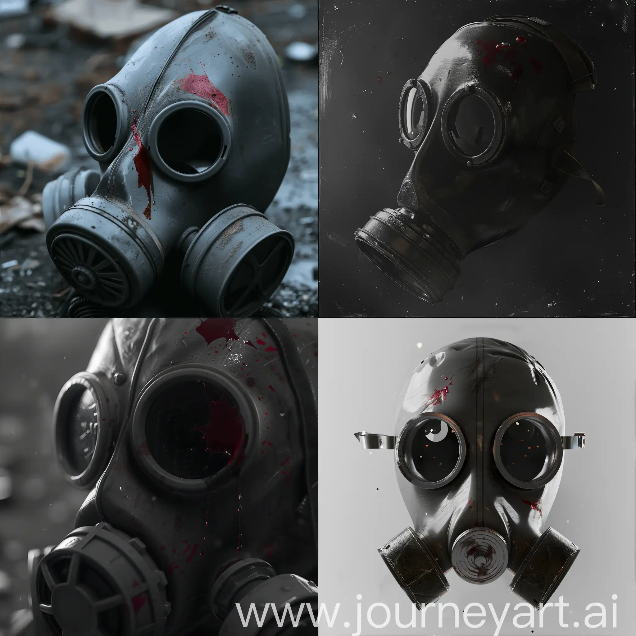 A gask mask in a dystopian universe gray scale. a glint or drop of red blood on one lense