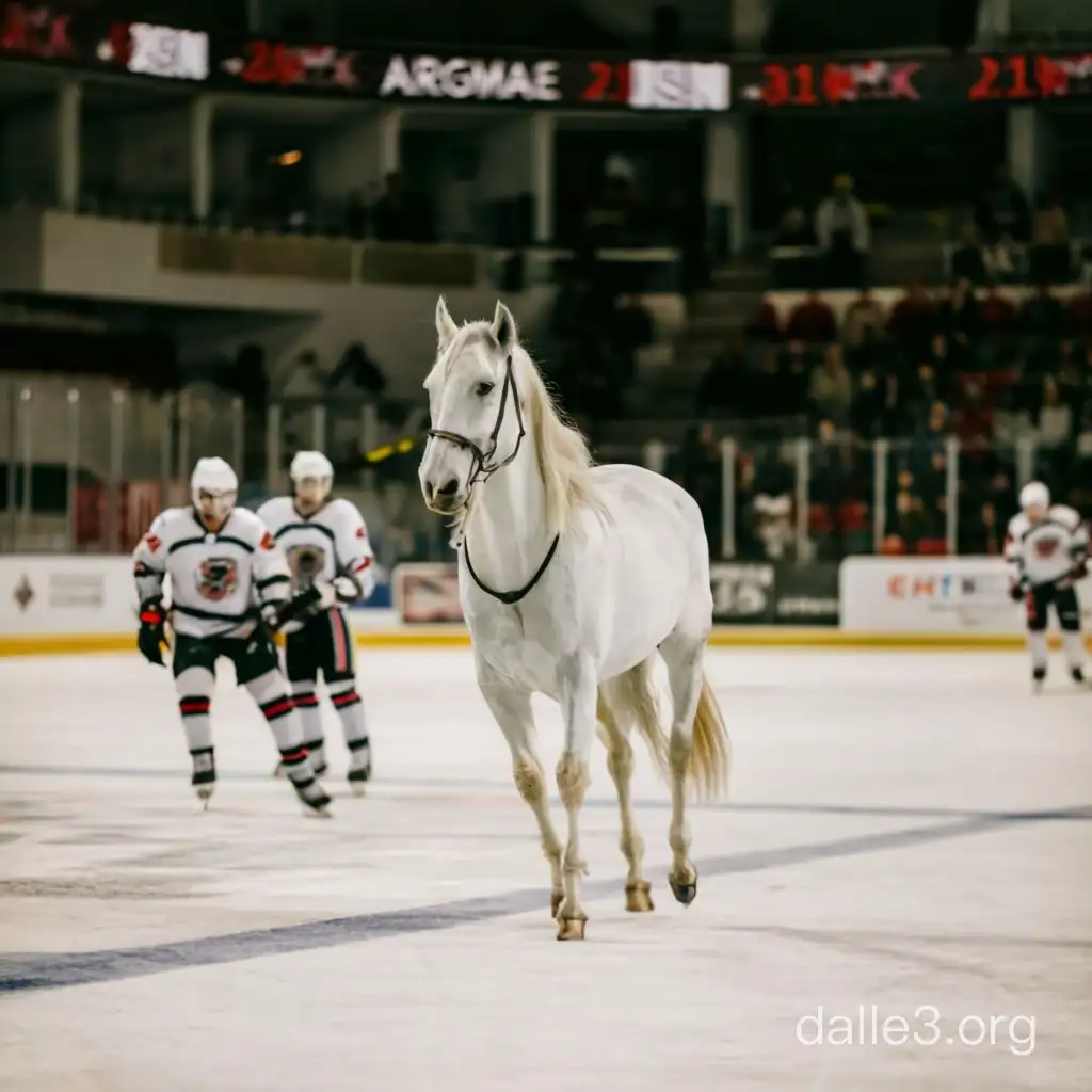 The photo was taken with a Canon EOS 5D Mark IV RF 24-70mm F2 camera.8L IS USM, on the ice hockey field it cost (a beautiful white horse:1.5) next to 3 hockey players, high definition photos, winner of the photography competition in 2020, photo published on 35AWARDS