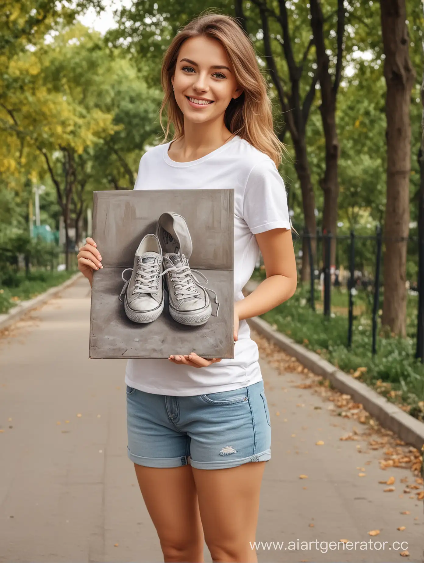 A happy, beautiful adult girl in sneakers holds a portrait on canvas in her hands. Full-length. realistic. High definition. The exact drawing of the hands. High quality. on the street in the park