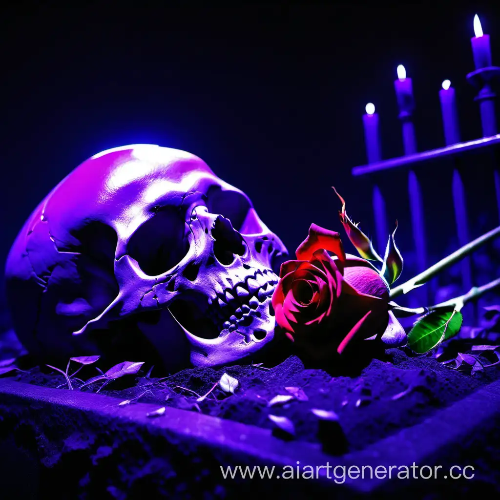 Ethereal-Tribute-Red-Rose-Illuminates-Human-Skull-on-Grave