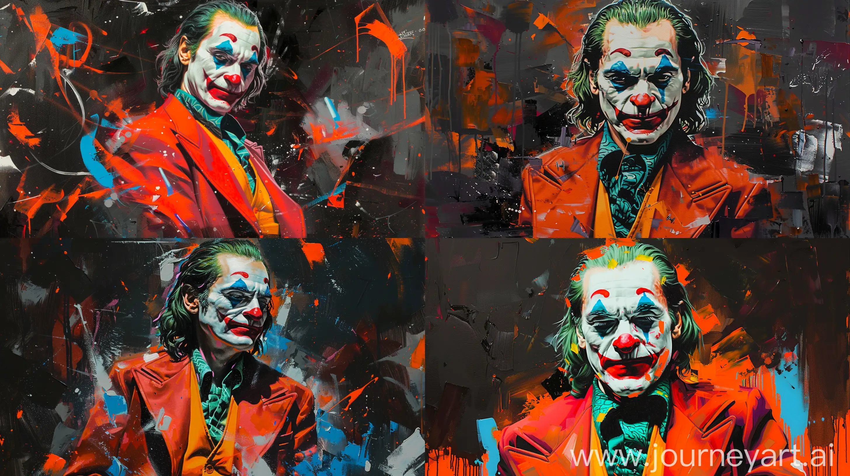 oil painting of Joaquin Phoenix as joker in star wars style with a pastel color palette of vivid orange, bright red, neon cyan o, light blue, hints of white, and various shades of black and dark tones. There are also touches of bright skin tone --ar 16:9 --c 5