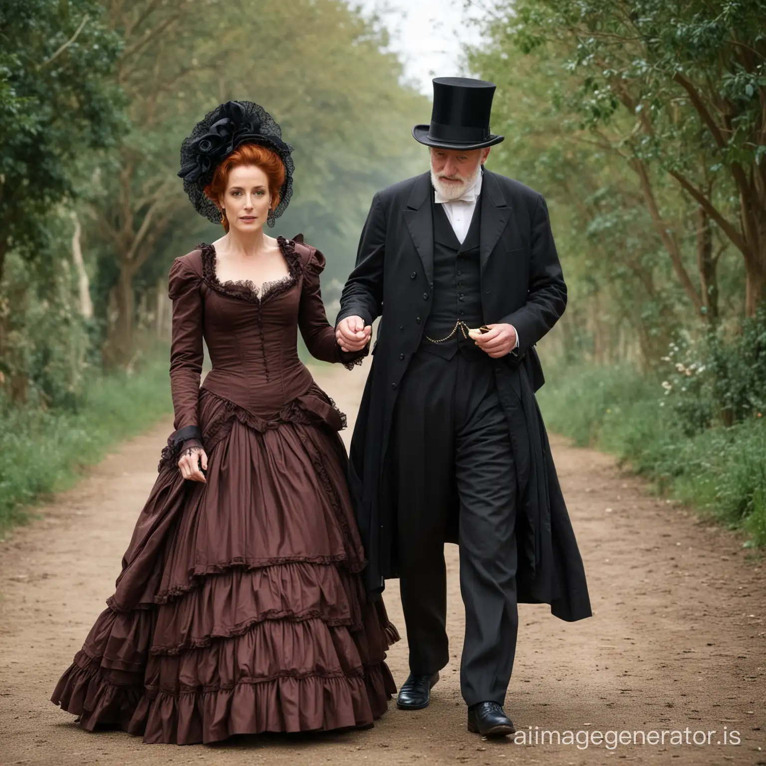 red hair Gillian Anderson wearing a dark brown floor-length loose billowing 1860 Victorian crinoline dress with a frilly bonnet walking hand in hand with an old man dressed into a black Victorian suit who seems to be her newlywed husband