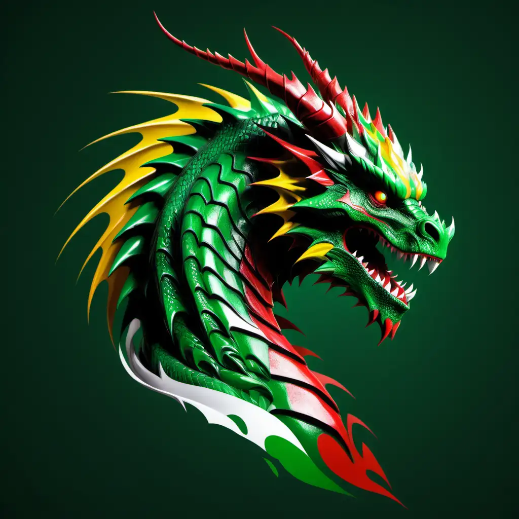 subject dragon full body facing side with  color green, white , red, yellow black, face not angry background green abstract