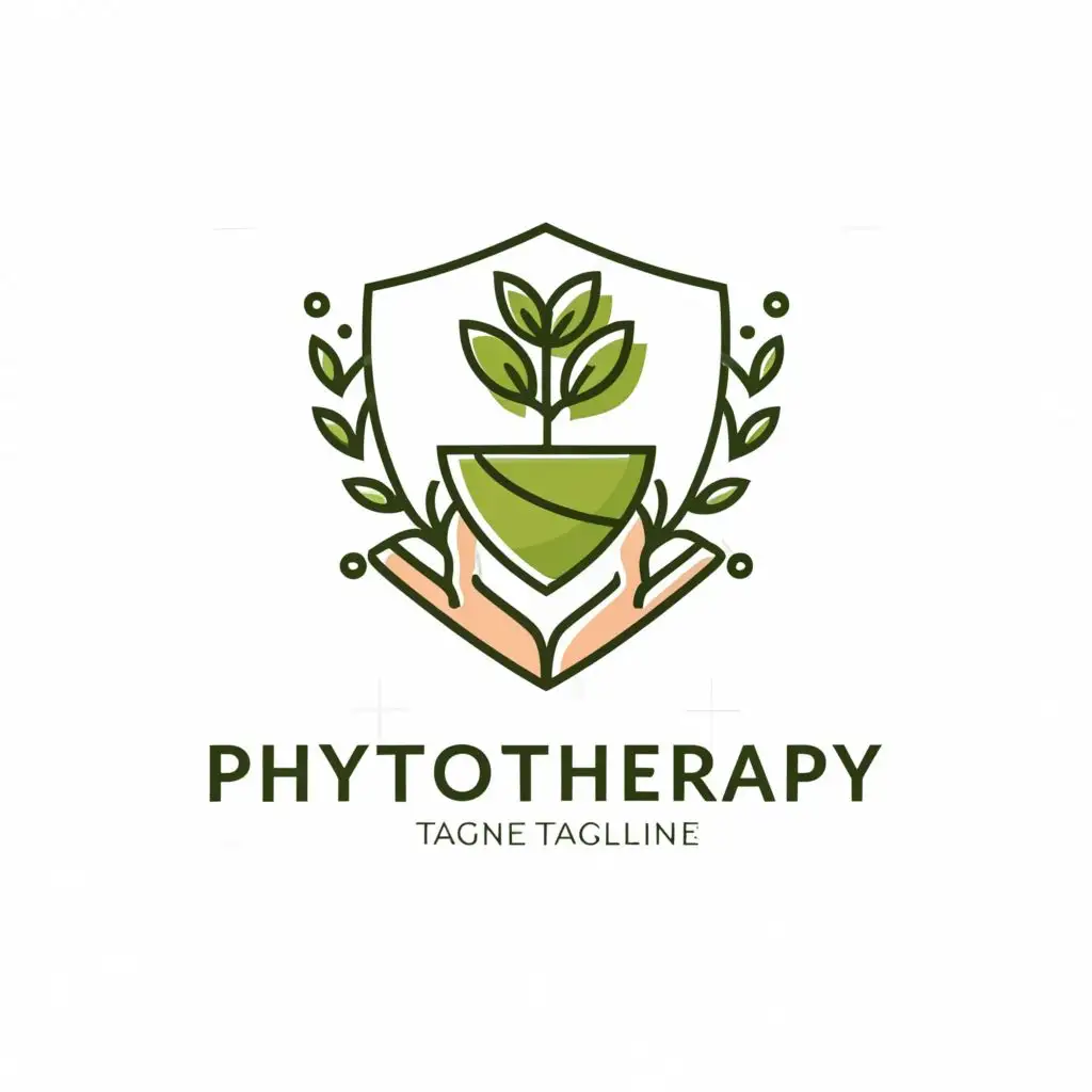 a logo design,with the text "Phytotherapy", main symbol:plant protection, plants, shield, human hand,Minimalistic,be used in Education industry,clear background