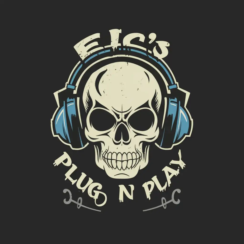 logo, SKULL WITH HEADPHONE, with the text "ERIC'S MUSIC PLUG N PLAY", typography
