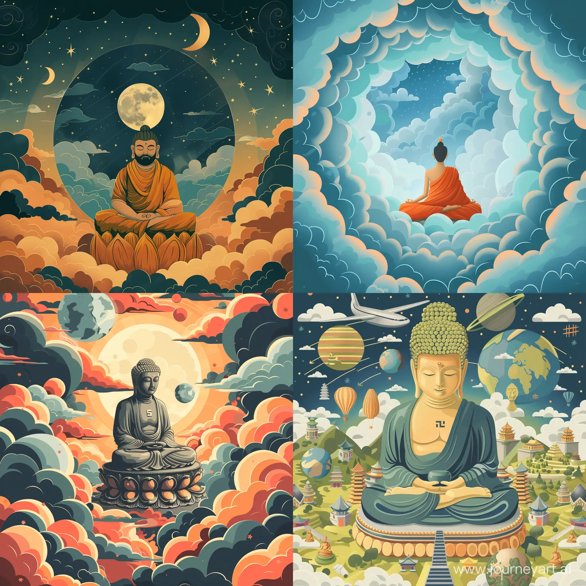 Buddha sitting in the middel, Phone wallpaper, By Daniel Eskridge, In the beginning God created the heavens and the earth, very detailed, in cartoon flat style
