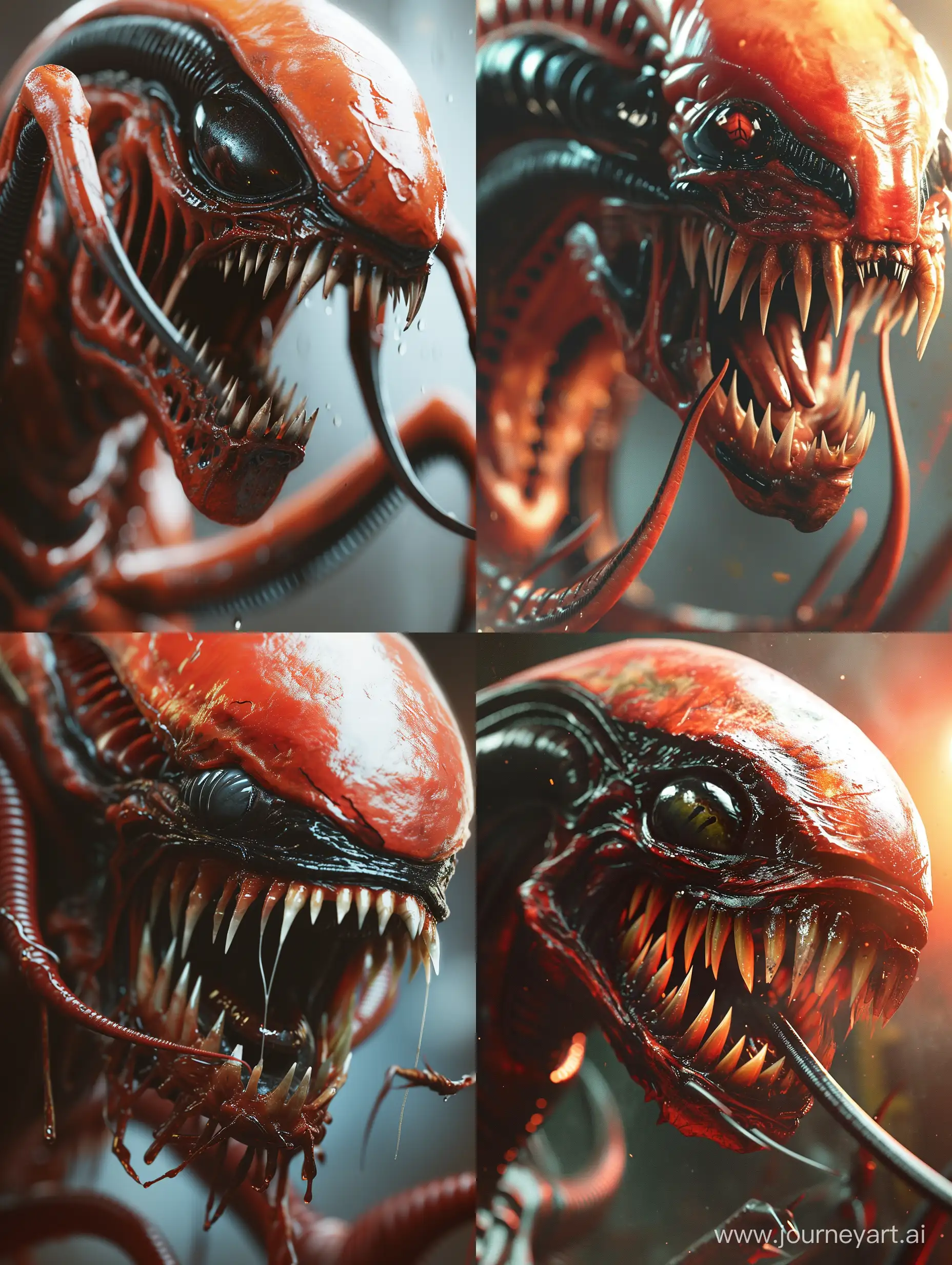 The image features a close-up of a red and black alien creature with large teeth and eyes. It has long sharp teeth and is shown in a 3D illustration style.