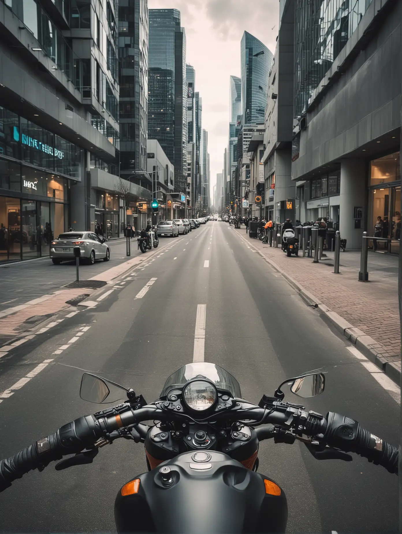motorbike rider view through a modern city