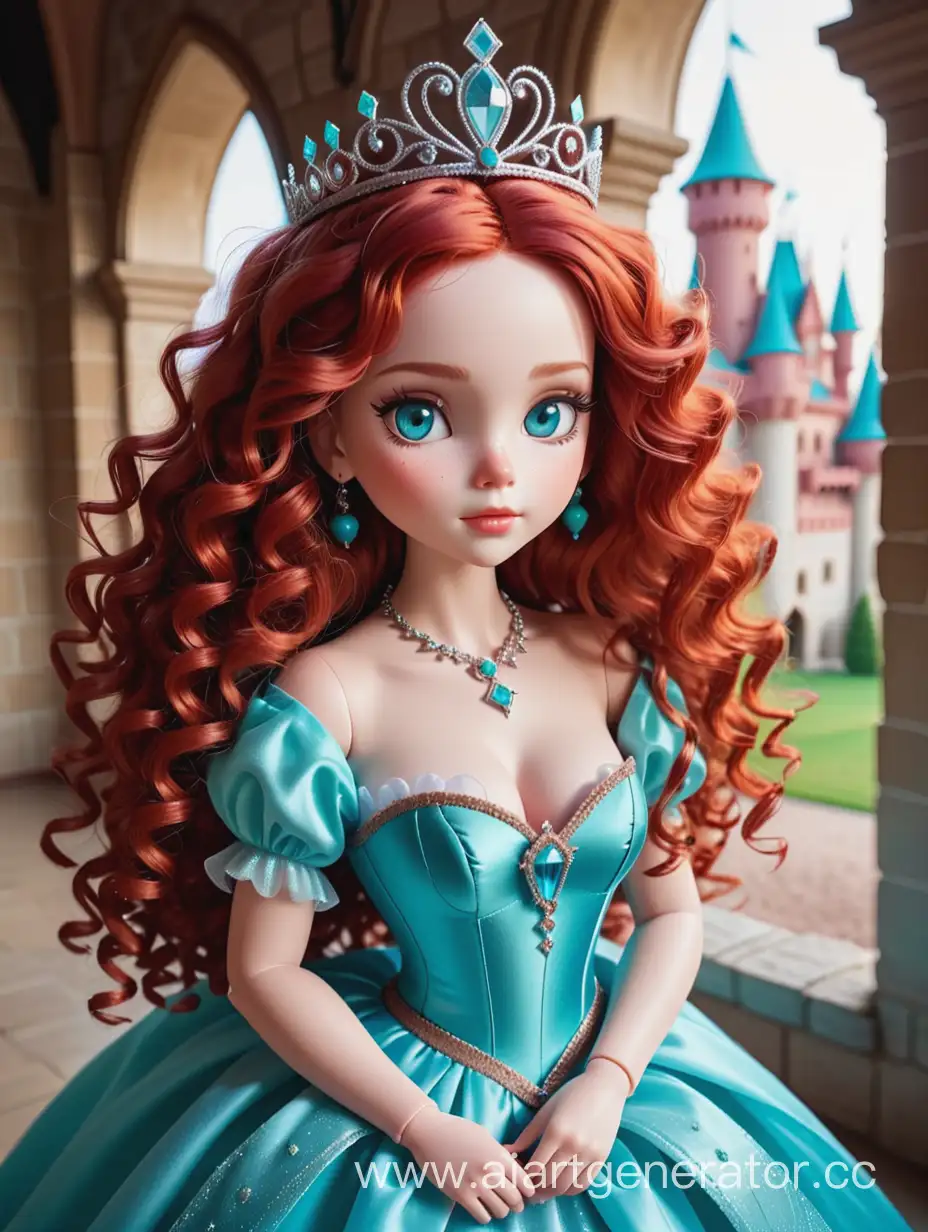 doll lady Queen of Diamond with red curly hair with a tiara on her head with turquoise eyes in a ball gown in a fairytale castle 