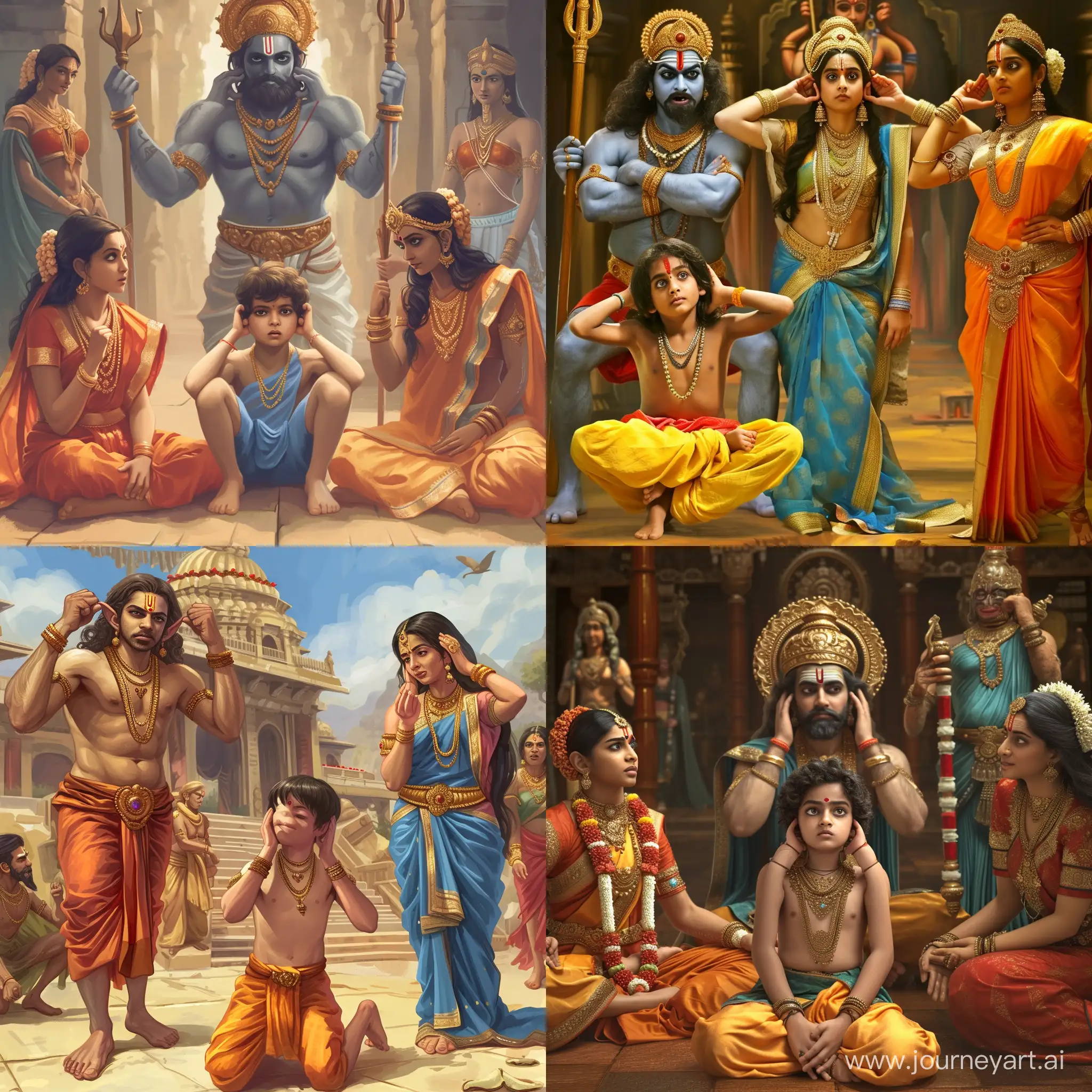 A kid of 8 years old is holding ears, feeling ashamed and doing situps in front of Lord Rama who is exasperated and Goddess Sita who is composed