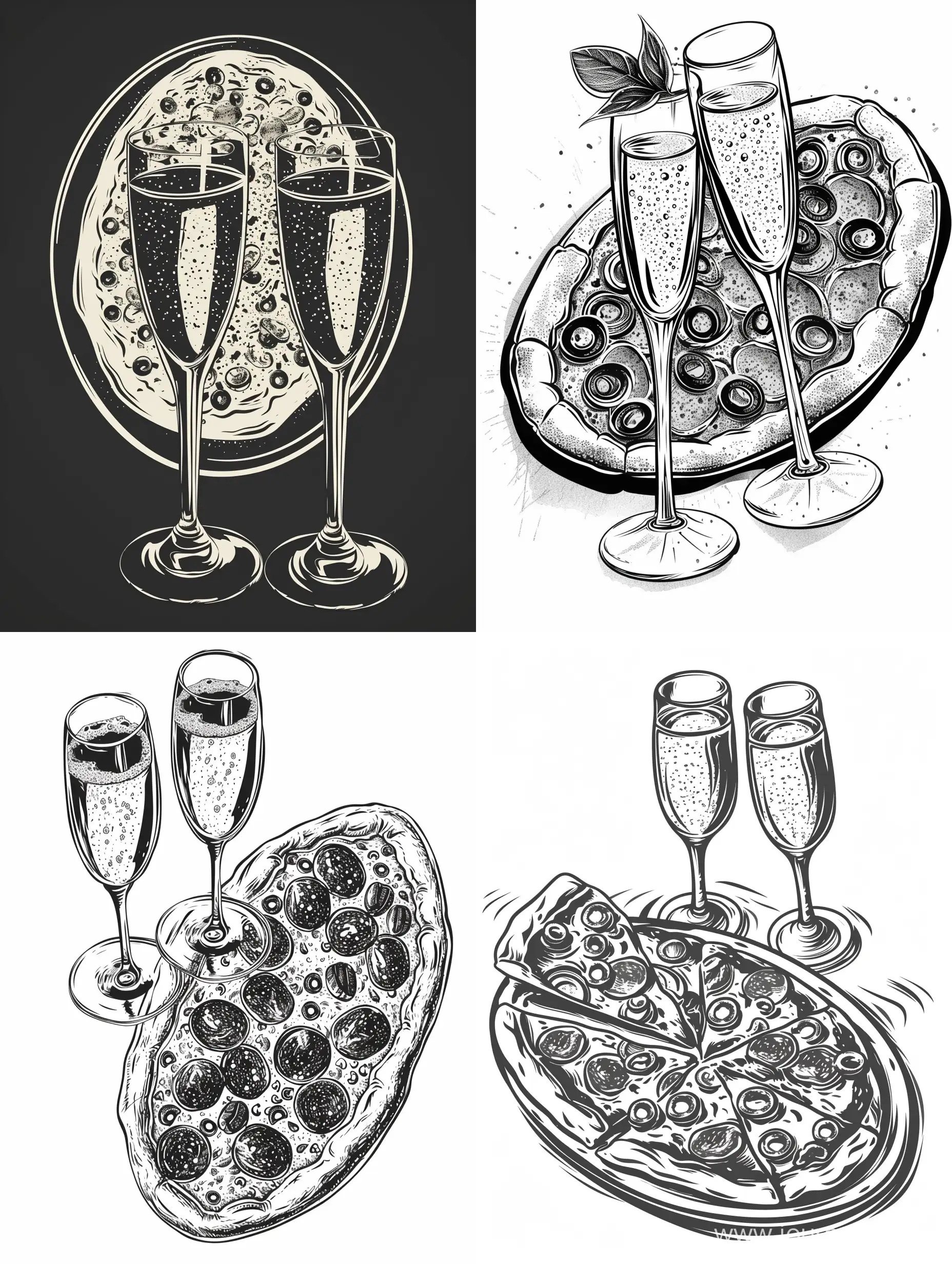 иллюстрация овальная целая пицца и два бокала шампанского в стиле минимализм, вектор, черно-белый