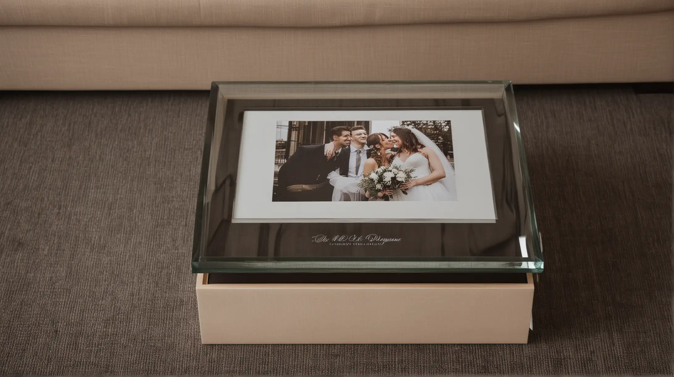 wedding glass album
on a dark coffee Table
