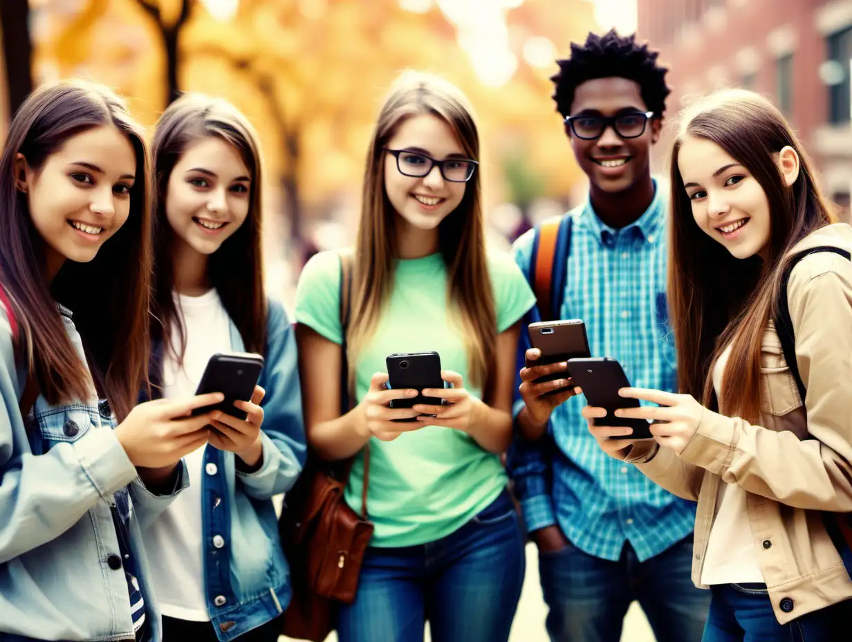 create a photo of hip college students looking an android phones 