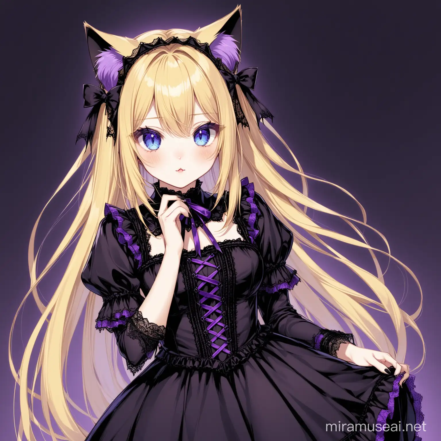 Gothic dress  purple cat ears, long blonde hair, dark blue eyes