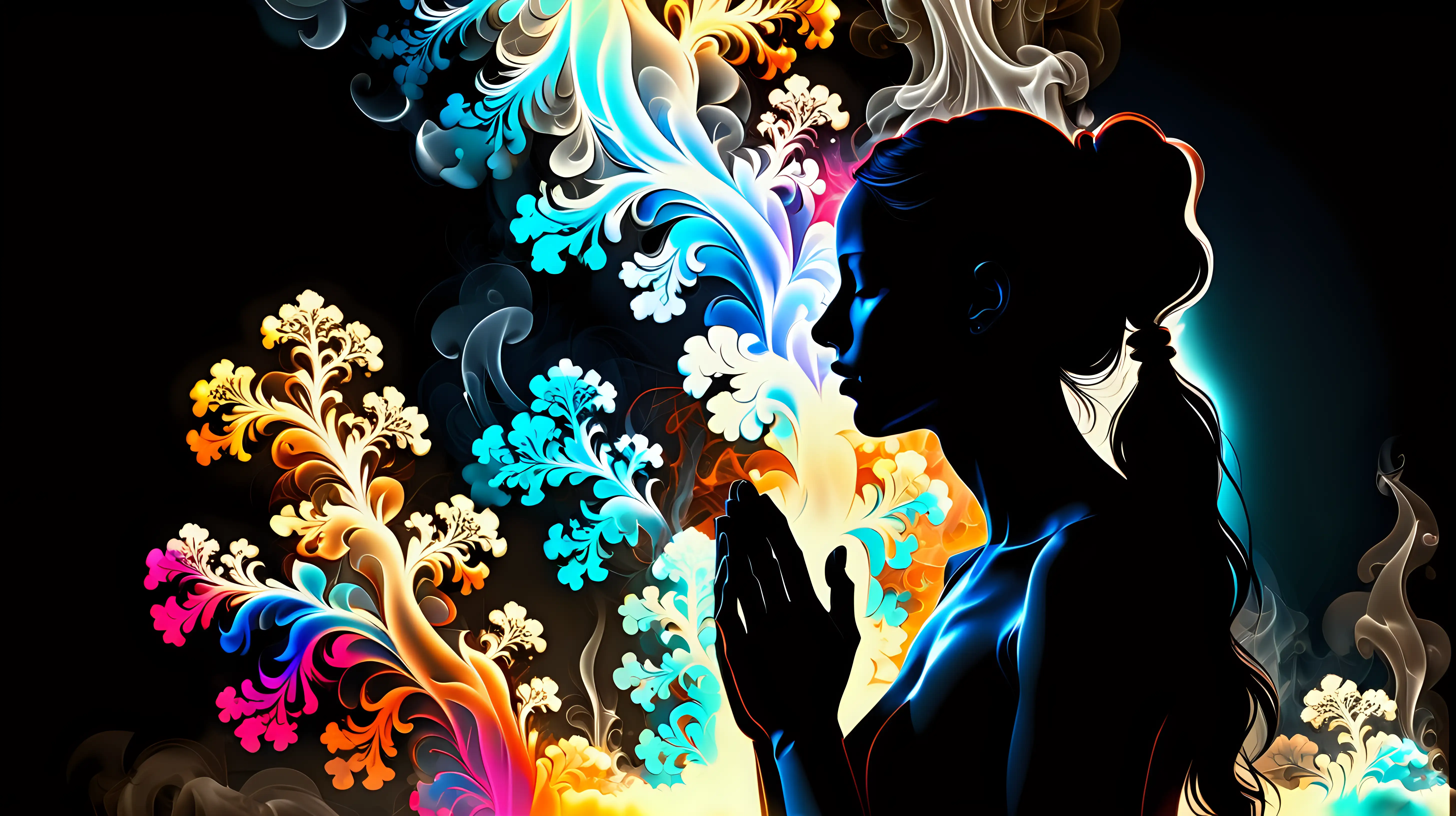 Vibrant Silhouette of a Woman in Prayer Amidst Colorful Smoke Fractals