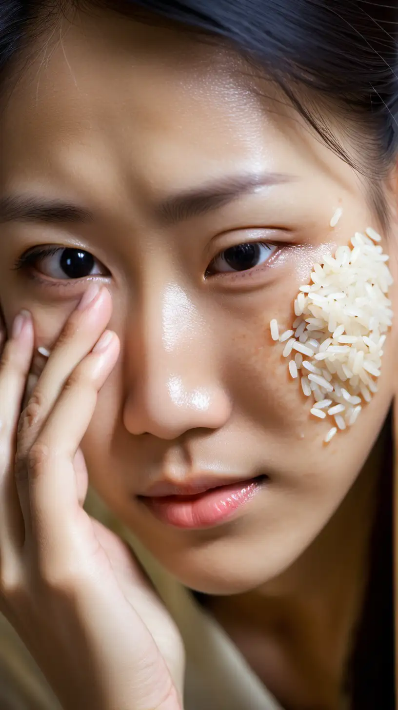 Graceful East Asian Woman with Rice Grains Adorning Eyes