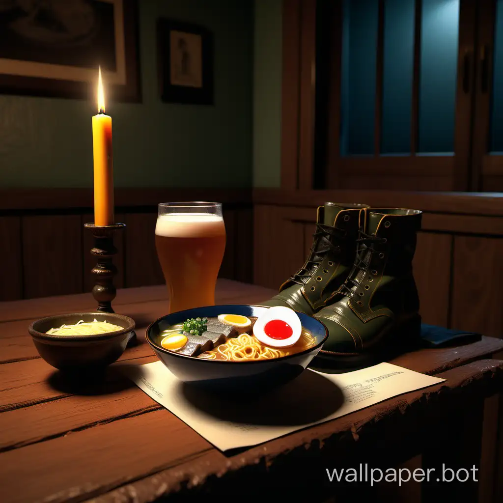 ramen bowl and beer, pigeon, one combat boot and a sock with a hole, a dimly lit Italian interior comes to life. a wooden table bathed in the soft glow of a single candle. Muted colors and meticulous details define the room's atmosphere. Mastery of light and shadow adds depth to this introspective scene, inviting contemplation of themes like loss and remembrance, hyperrealistic, Wes Anderson palette, 