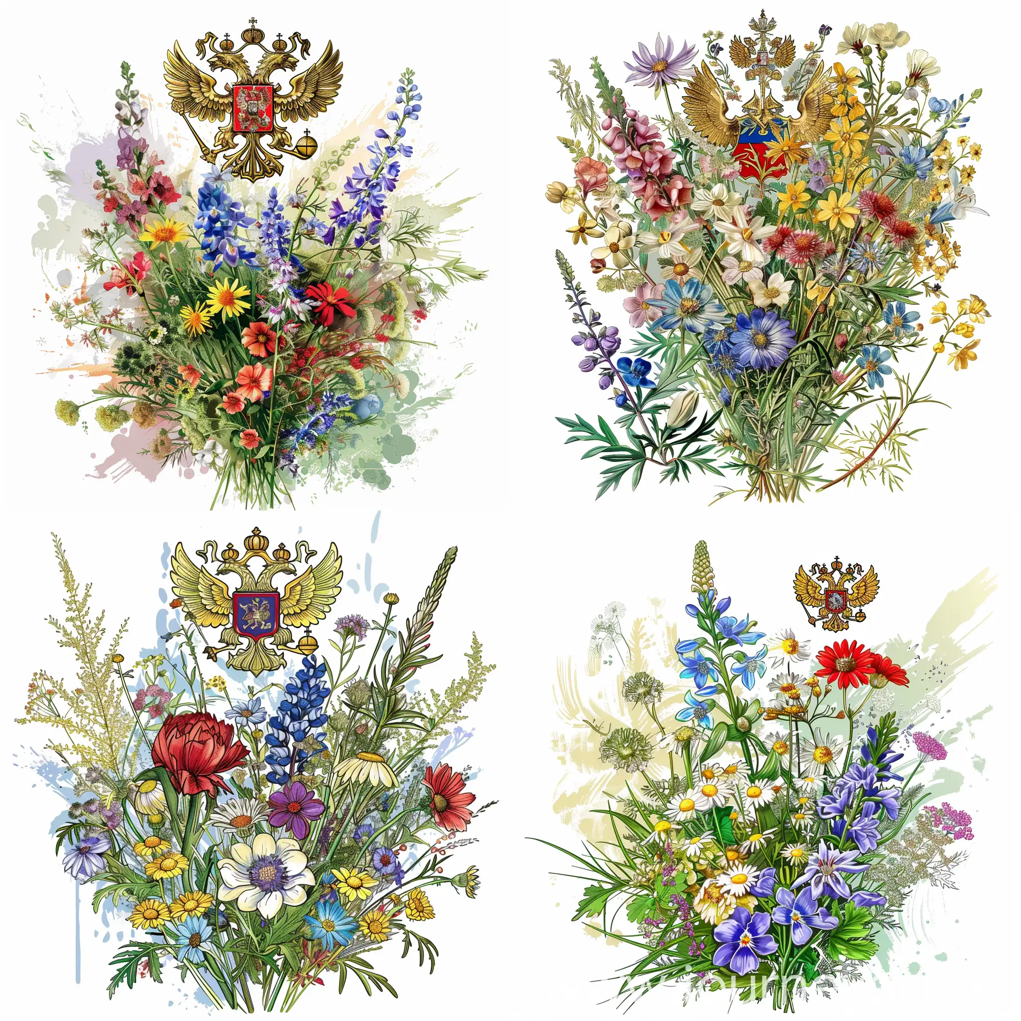 букет полевых цветов, на заднем фоне Герб Российской Федерации