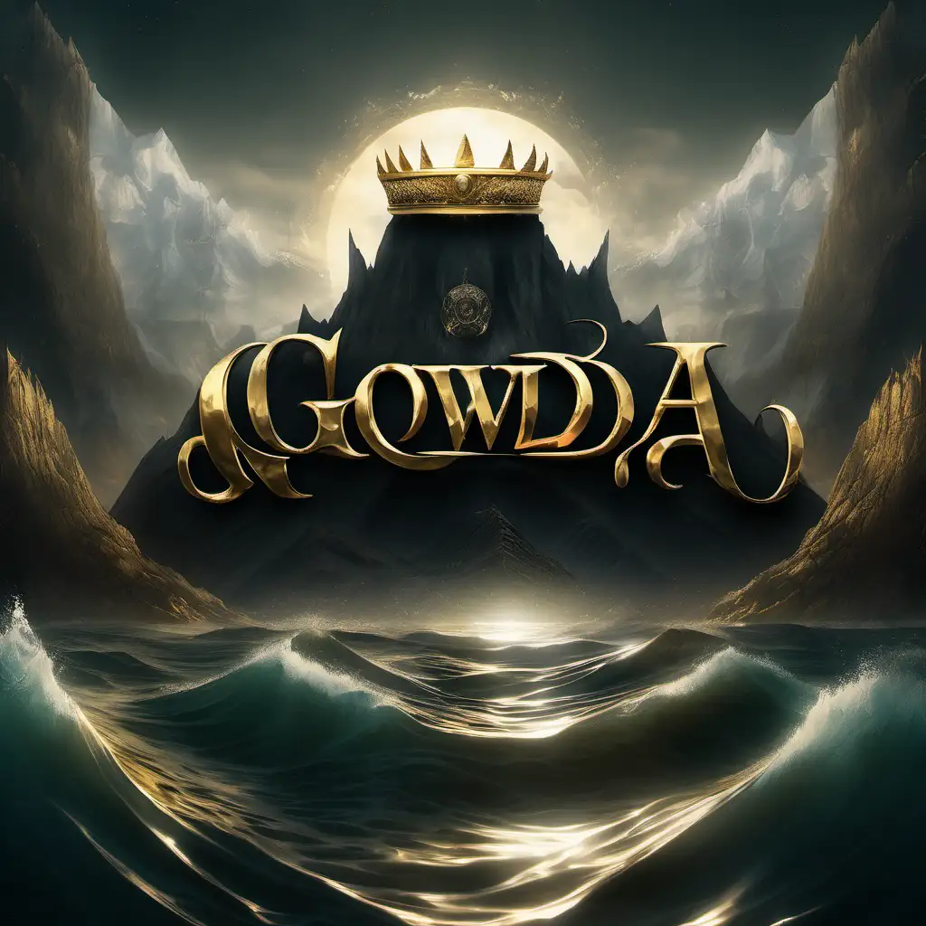 Add Letter " GOWDA" below the current text.  made of elegant gold behind sea . GOWDA text in front of  sea and  mountain demonic realistic , epic royal background, big royal uncropped crown, royal jewelry, robotic, nature, full shot, symmetrical, Greg Rutkowski, Charlie Bowater, Beeple, Unreal 5, hyperrealistic, dynamic lighting, fantasy art