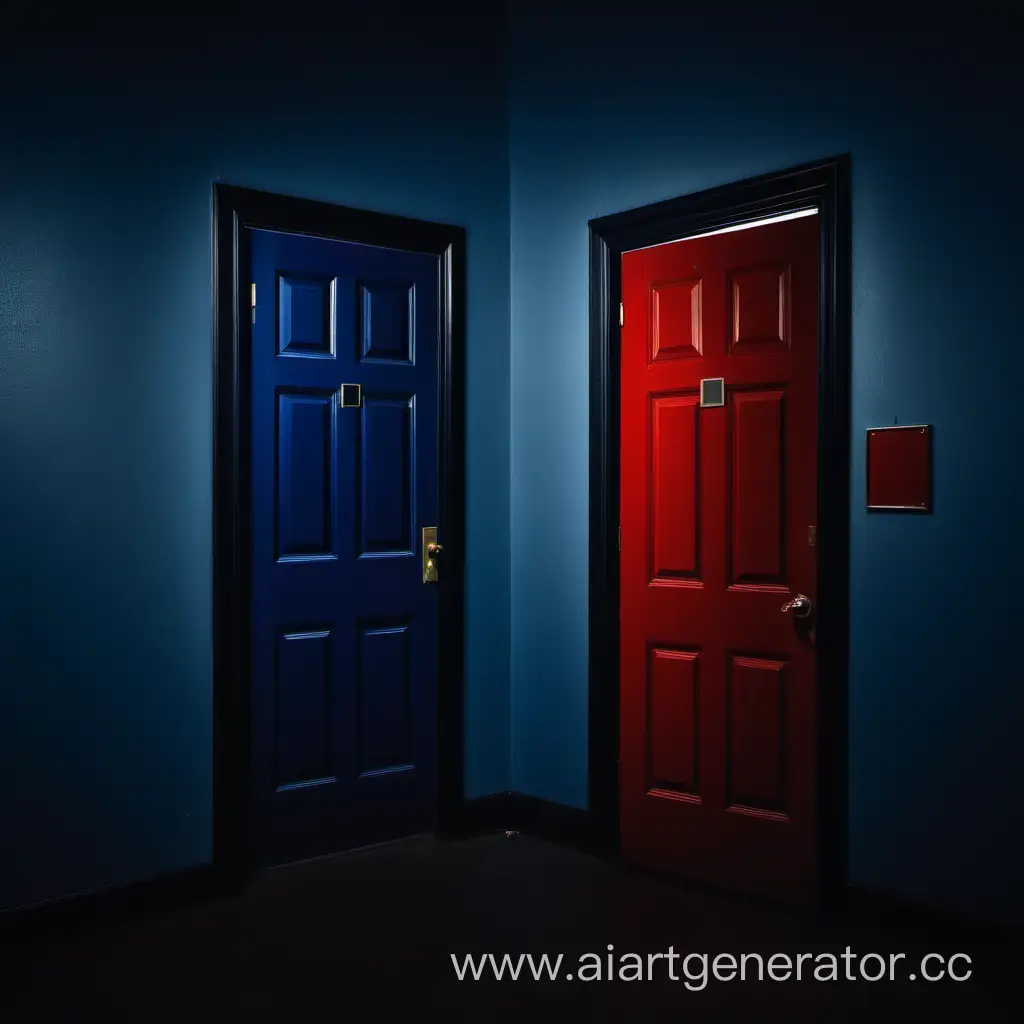 тёмная комната с красной дверью и синей дверью