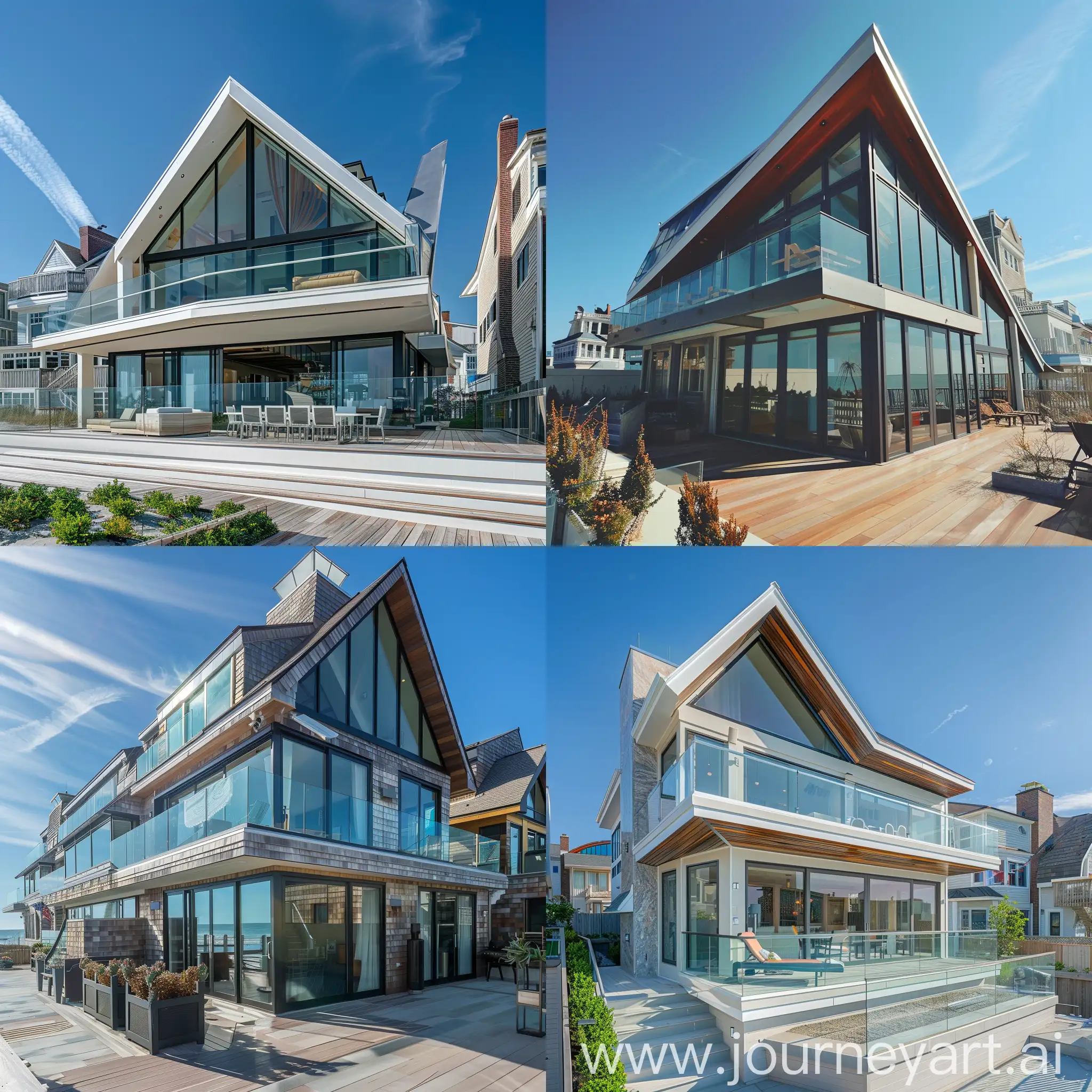Sunny-Day-Beach-Town-House-with-Sloping-Roof-and-Glass-Windows