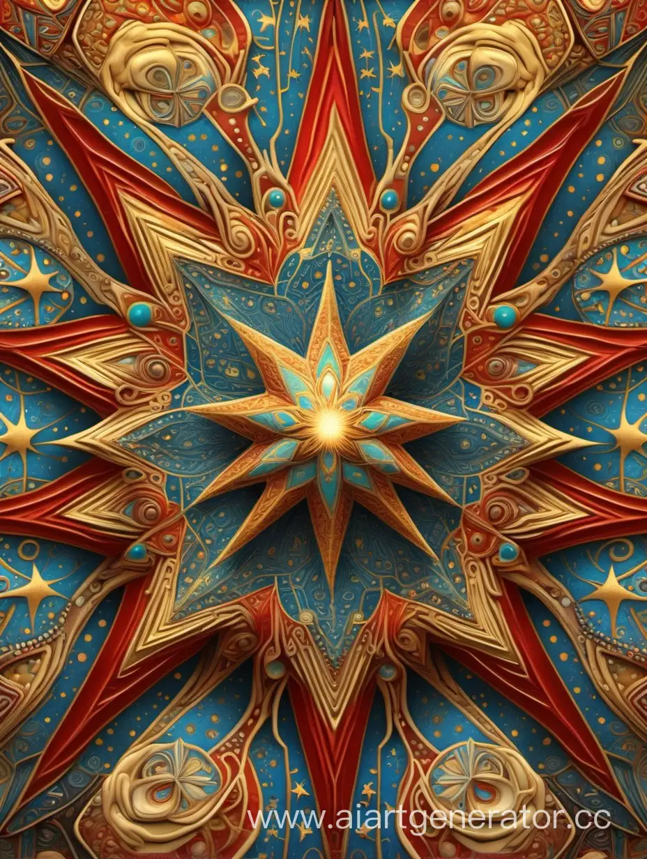 Необычная фантазийная звезда со множеством узоров и фактур, золотого, бирюзового, красного, бежевого и синего цвета