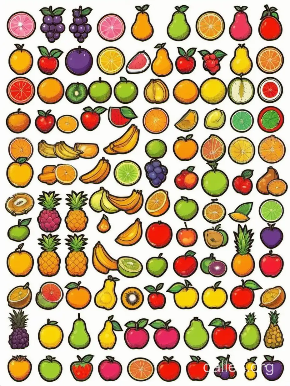 a set of 60  stickers of fruits, flat vector and simple, white background, vivid colors --no background